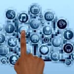 Interactive social media icons representing AI tools for social media marketing.