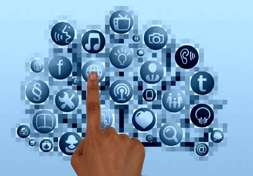 Interactive social media icons representing AI tools for social media marketing.